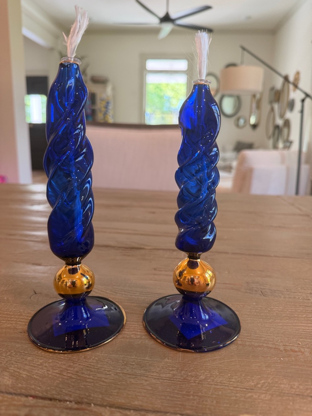 Flame Glow hand-blown cobalt blue glass oil lamps. Set of 2